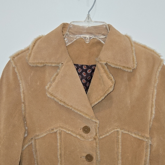 B. Lucid Vintage Y2K Stylish Tan Suede Leather Jacket With Faux Fur Trim - Picture 3 of 12